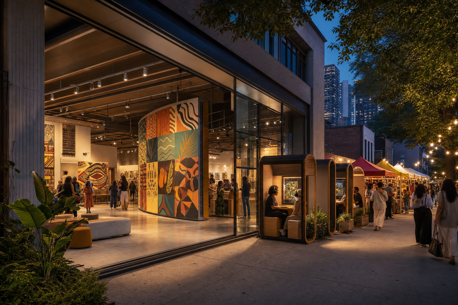 Community members gathering around a culturally expressive public pavilion