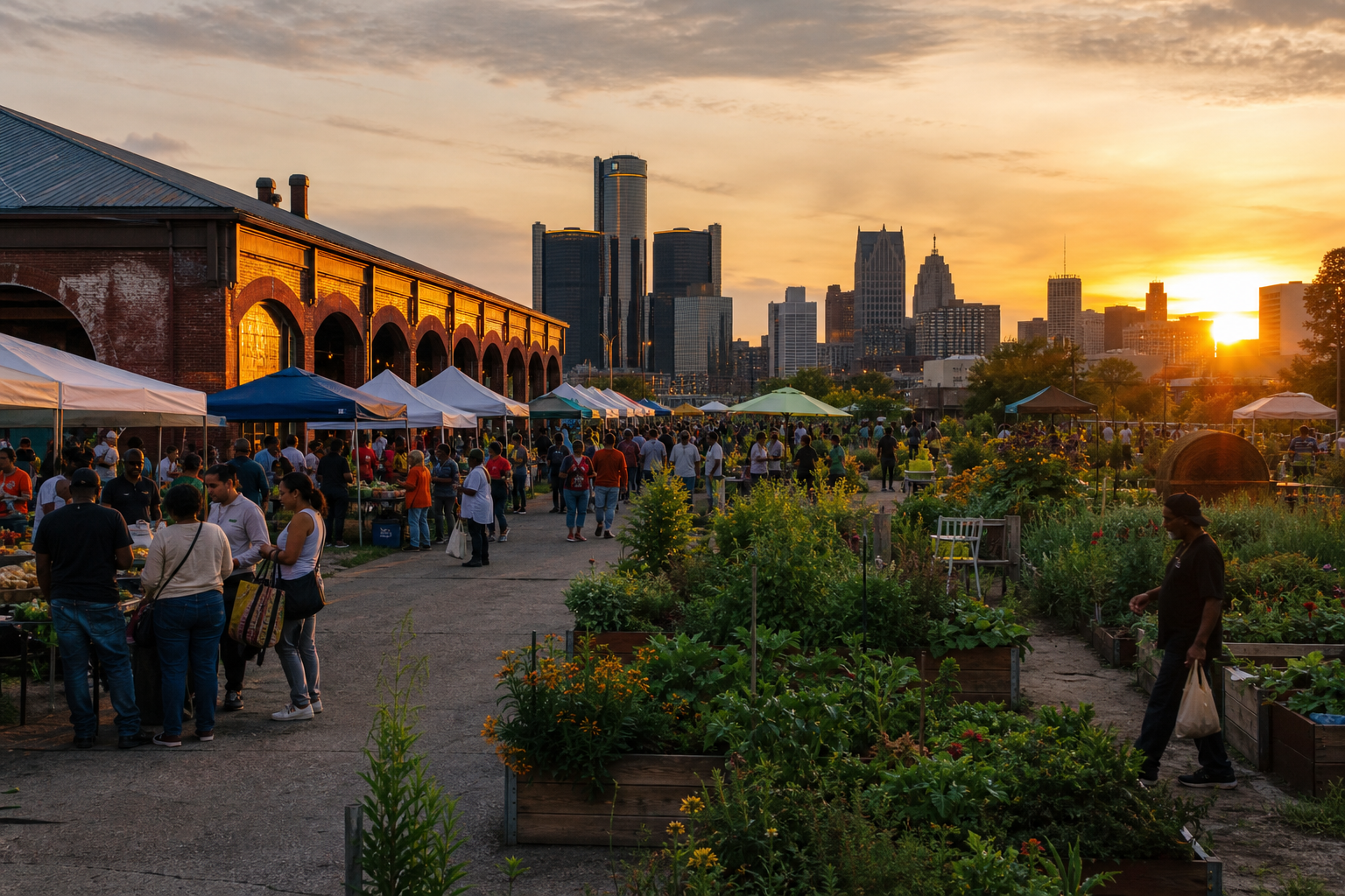 A market, urban garden, and city skyline connected by public life